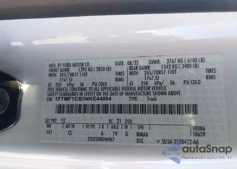 2022 Ford F-150 Xl из США, поврежденный, VIN 1FTMF1CB3NKE44004